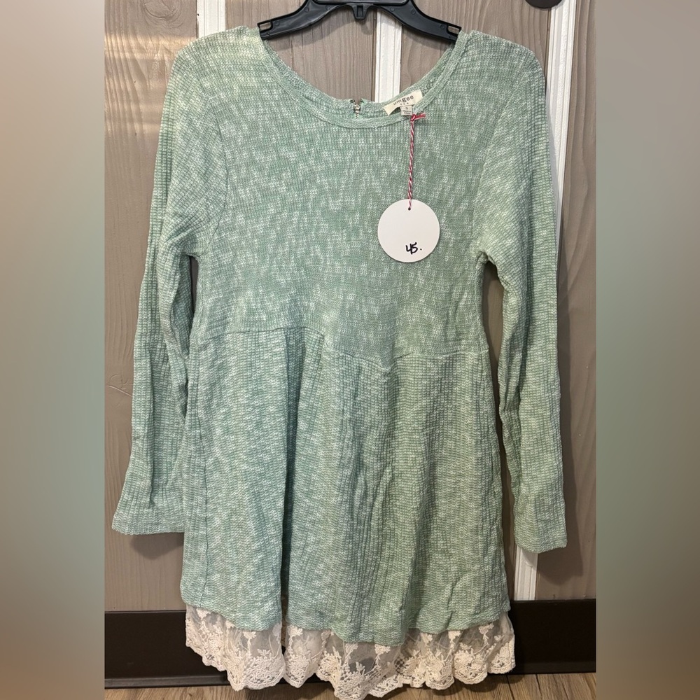 Umgee Mint Green Knit Tunic with White Lace Trim